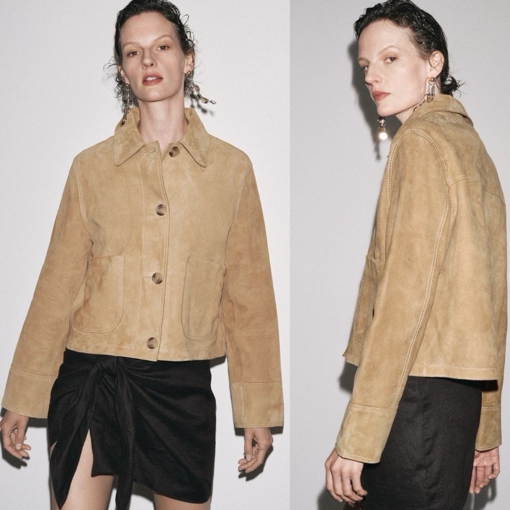 Zara ZW Collection 100% Goat Suede Leather LIMITED EDITION Jacket Taupe Brown S